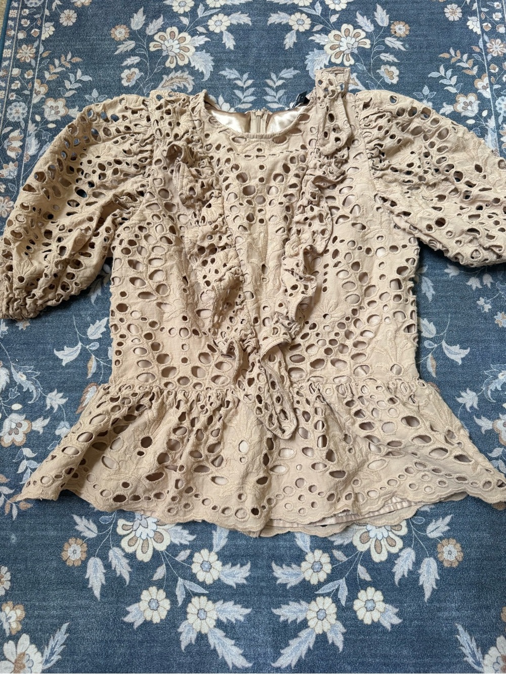Express Tan 100% Cotton Eyelet Ruffle Puff Peplum Prairie Boho Blouse Size S